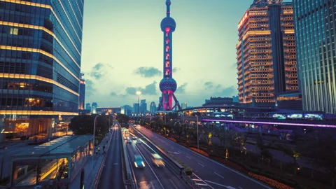 Hyper lapse, road in Shanghai Lujiazui financial center, China Stock Footage 220190543