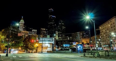 Hyper-lapse of Seattle skyline from south side international district at night Stock Footage 93914740
