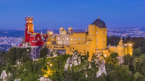 [Hyper lapse] Sintra Pena and palace in Portugal, 4k aerial drone timelapse Stock Footage 111687681