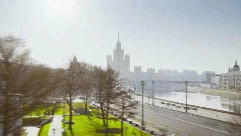 Hyper lapse of spring morning river, Kotelnicheskaya Embankment, from big bri Stock Footage 155998287