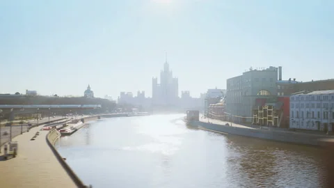 Hyper lapse of spring morning river, Embankment, from big bridge, Moscow, Russia Stock Footage 166940025