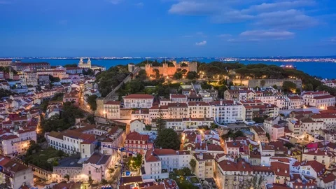 [Hyper Lapse] St. George castle, Lisbon, Portugal at night, 4k aerial timelapse Stock Footage 111684434