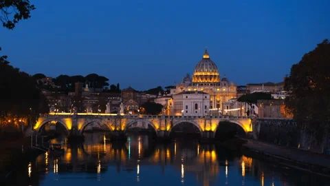 Hyper lapse of St. Peter's Basilica, Sant Angelo Bridge, Vatican, Rome, Italy Stock Footage 99203037
