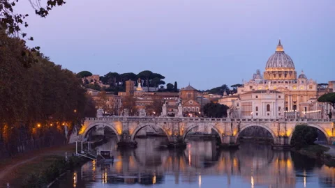 Hyper lapse of St. Peter's Basilica, Sant Angelo Bridge, Vatican, Rome, Italy Stock Footage 99203119
