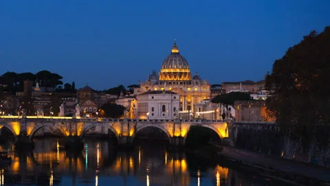 Hyper lapse of St. Peter's Basilica, Sant Angelo Bridge, Vatican, Rome, Italy Stock Footage 100269546