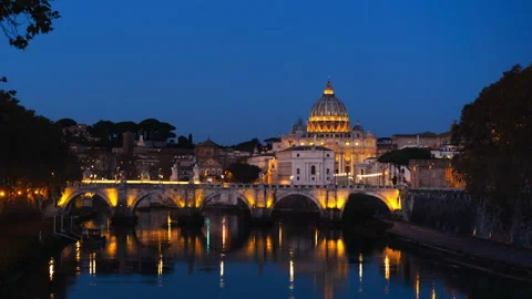 Hyper lapse of St. Peter's Basilica, Sant Angelo Bridge, Vatican, Rome, Italy Stock Footage 107136450