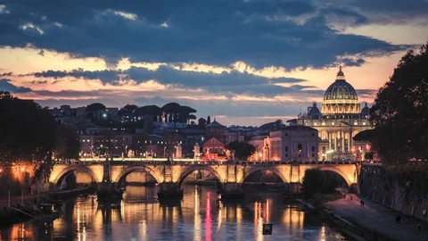 Hyper lapse of St. Peter's Basilica, Sant Angelo Bridge, Vatican, Rome, Italy Stock Footage 108840239