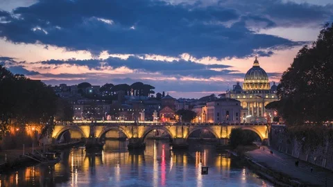 Hyper lapse of St. Peter's Basilica, Sant Angelo Bridge, Vatican, Rome, Italy Stock Footage 109187688