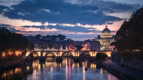 Hyper lapse of St. Peter's Basilica, Sant Angelo Bridge, Vatican, Rome, Italy Stock Footage 114252711