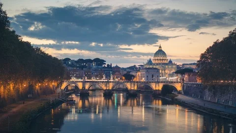 Hyper lapse of St. Peter's Basilica, Sant Angelo Bridge, Vatican, Rome, Italy Stock Footage 123713104
