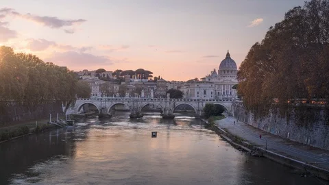 Hyper lapse of St. Peter's Basilica, Sant Angelo Bridge, Vatican, Rome, Italy Stock Footage 125591221