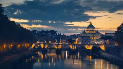 Hyper lapse of St. Peter's Basilica, Sant Angelo Bridge, Vatican, Rome, Italy Stock Footage 126594726