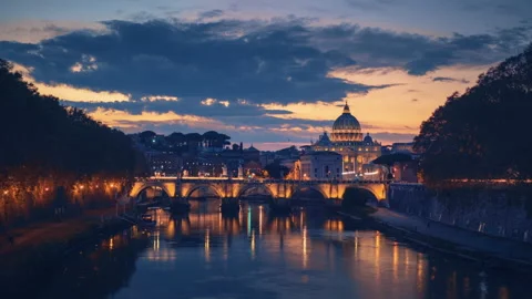 Hyper lapse of St. Peter's Basilica, Sant Angelo Bridge, Vatican, Rome, Italy Stock Footage 143429392