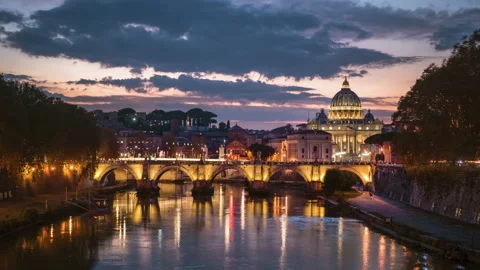 Hyper lapse of St. Peter's Basilica, Sant Angelo Bridge, Vatican, Rome, Italy Stock Footage 144353721