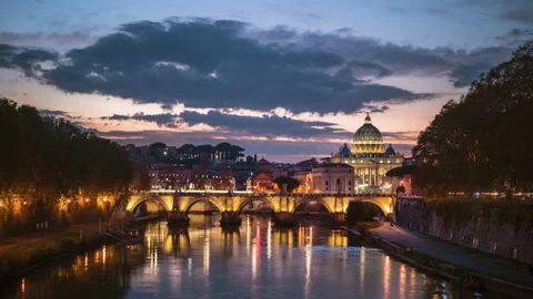 Hyper lapse of St. Peter's Basilica, Sant Angelo Bridge, Vatican, Rome, Italy Stock Footage 148744046