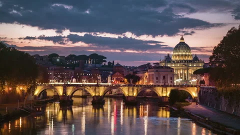 Hyper lapse of St. Peter's Basilica, Sant Angelo Bridge, Vatican, Rome, Italy Stock Footage 155969358