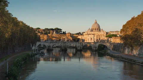 Hyper lapse of St. Peter's Basilica, Sant Angelo Bridge, Vatican, Rome, Italy Stock Footage 159675906