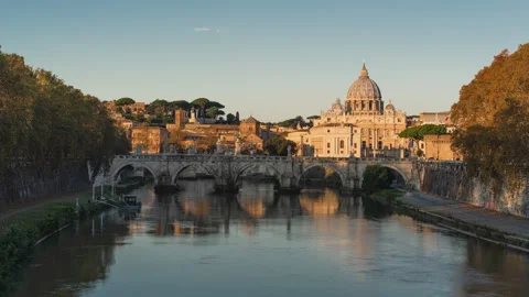 Hyper lapse of St. Peter's Basilica, Sant Angelo Bridge, Vatican, Rome, Italy Stock Footage 221470457