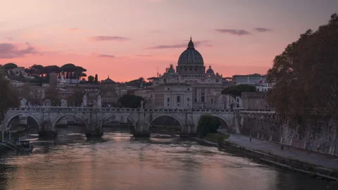 Hyper lapse of St. Peter's Basilica, Sant Angelo Bridge, Vatican, Rome, Italy Stock Footage 221470472