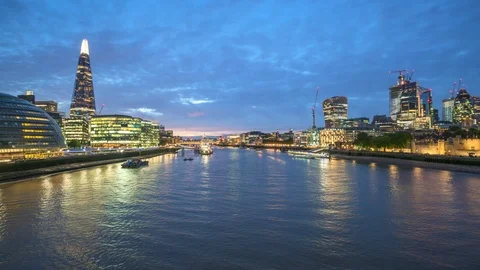 Hyper lapse of sunset, London skyline from the Tower Bridge, UK Stock Footage 108796058