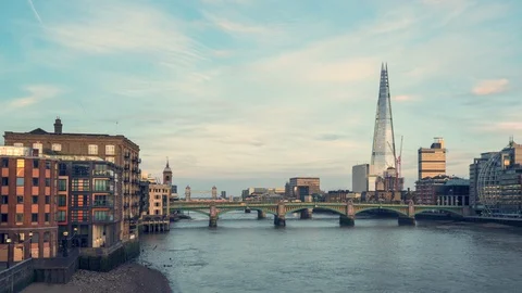 Hyper lapse of sunset, London skyline from Millennium bridge, UK Stock Footage 118768718