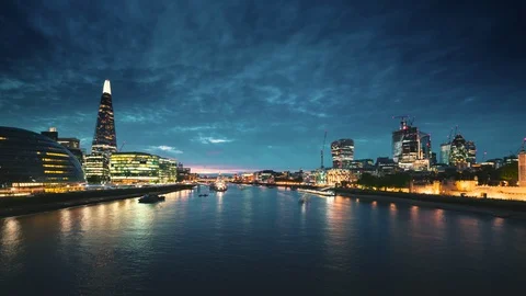 Hyper lapse of sunset, London skyline from the Tower Bridge, UK Stock Footage 125586920