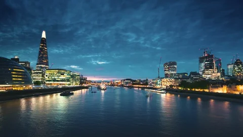 Hyper lapse of sunset, London skyline from the Tower Bridge, UK Stock Footage 127872919