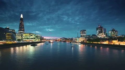 Hyper lapse of sunset, London skyline from the Tower Bridge, UK Stock Footage 145058617