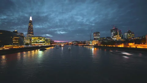 Hyper lapse of sunset, London skyline from the Tower Bridge, UK Stock Footage 166389078