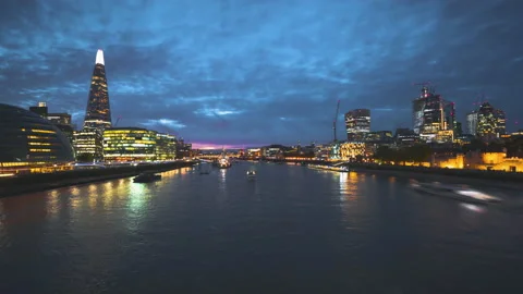 Hyper lapse of sunset, London skyline from the Tower Bridge, UK Stock Footage 166939867