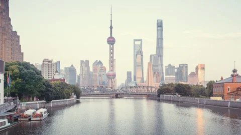 Hyper lapse of sunset, Shanghai skyline and Waibaidu bridge, China Stock Footage 125588933