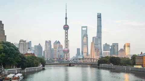 Hyper lapse of sunset, Shanghai skyline and Waibaidu bridge, China Stock Footage 126592779