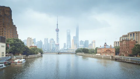 Hyper lapse of sunset, Shanghai skyline and Waibaidu bridge, China Video stock 143982473
