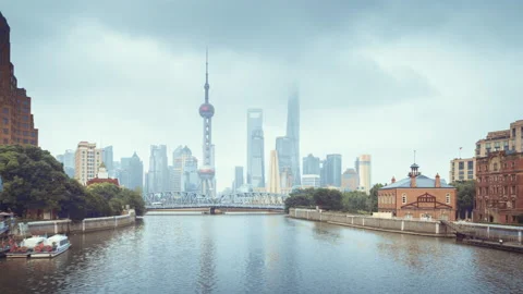 Hyper lapse of sunset, Shanghai skyline and Waibaidu bridge, China Stock Footage 145090465