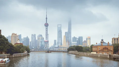 Hyper lapse of sunset, Shanghai skyline and Waibaidu bridge, China Stock Footage 149014908