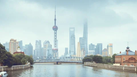 Hyper lapse of sunset, Shanghai skyline and Waibaidu bridge, China Stock Footage 150519022