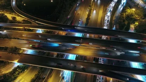 Hyper lapse ,Of traffic on city streets at night. Aerial view and top view Stock Footage 84761145