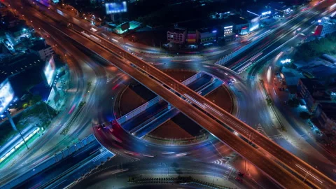 Hyper Lapse ,Of Traffic On City Streets At Night.aerial View And Top View Stock Footage 154475675