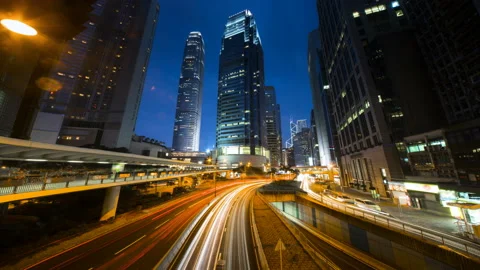 Hyper lapse, traffic in Hong Kong at sunset time,  ultra wide lens Stock Footage 86083596