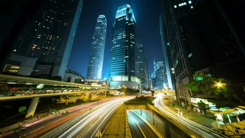 Hyper lapse, traffic in Hong Kong at sunset time,  ultra wide lens Video stock 86482820