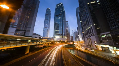 Hyper lapse, traffic in Hong Kong at sunset time,  ultra wide lens Stock Footage 90278834