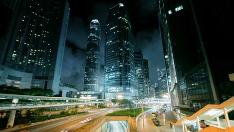 Hyper lapse, traffic in Hong Kong at sunset time, ultra wide lens Видео 106987188