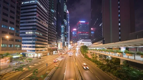 Hyper lapse, traffic in Hong Kong at sunset time, ultra wide lens Видео 108515043