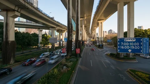 Hyper Lapse of Traffic Under Elevated Road on a Sunny Day in Shanghai,China Stock Footage 87690728