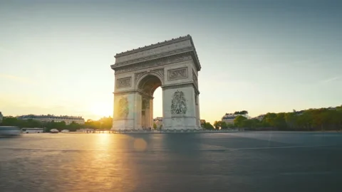 Hyper lapse Triumphal Arch at sunrise, Paris, France Stock Footage 143982834