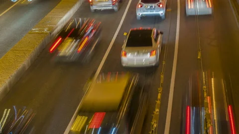 Hyper lapse video of night traffic jam on the urban thoroughfare   and road j Stock Footage 95612323