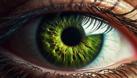 Hyper realistic close-up of a green eye in macro. A bright green sustainable Fotos Stock