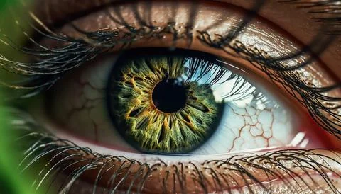 Hyper realistic close-up of a green eye in macro. A bright green sustainable Stock Photos