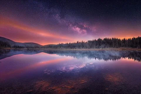 Hyper-realistic illustration of a beautiful dark starry night sky over a lake su Stock Illustration