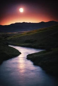 Hyper-realistic illustration of a beautiful landscape with the moon over the riv Ilustração Stock